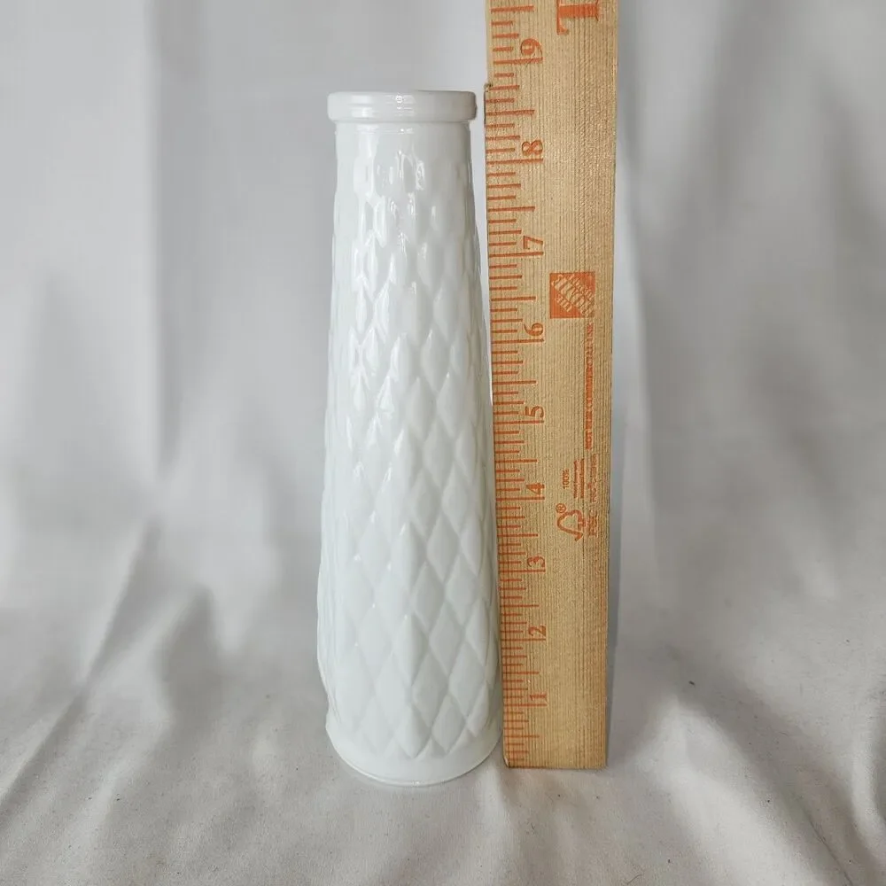 E O Brody Milk Glass Vase Diamond Pattern M-147 Made In USA - 8 3/4” Tall